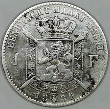 1886 Belgium DUTCH LEGEND One Franc Silver Coin #J97