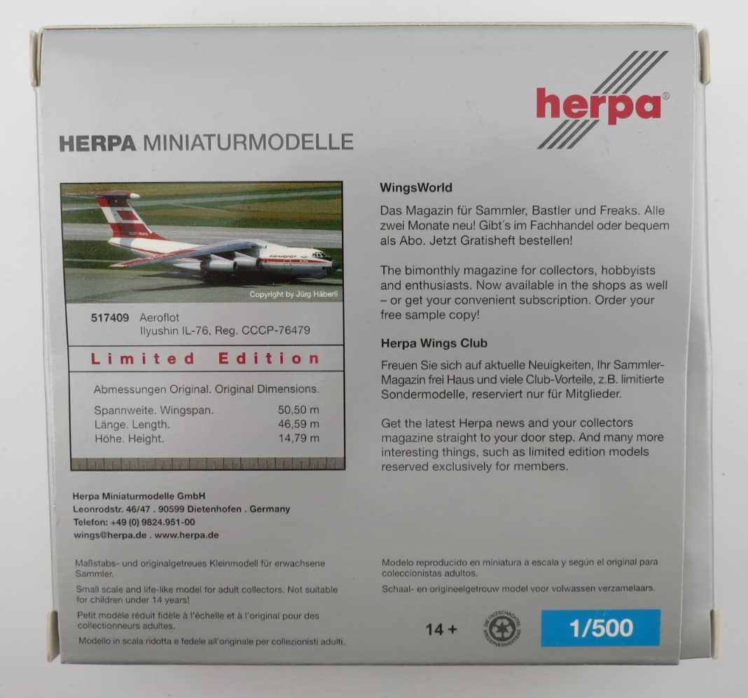 Herpa Aeroflot Ilyushin IL-76 Airplane Model - 1:500 - 517409 | eBay