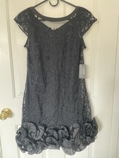 GUESS Black Dress Lace Ruffled Overlay Floral Cap Sleeve Short Cocktail