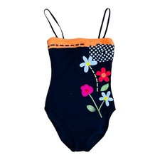 Vintage Gottex Women  s One Piece Black Swimsuit Flower Appliqu s Size 10
