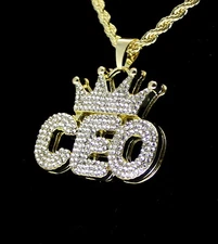 Mens Iced Cz CEO Pendant 14k Gold or Silver Plated 24" Necklace Hip Hop Jewelry