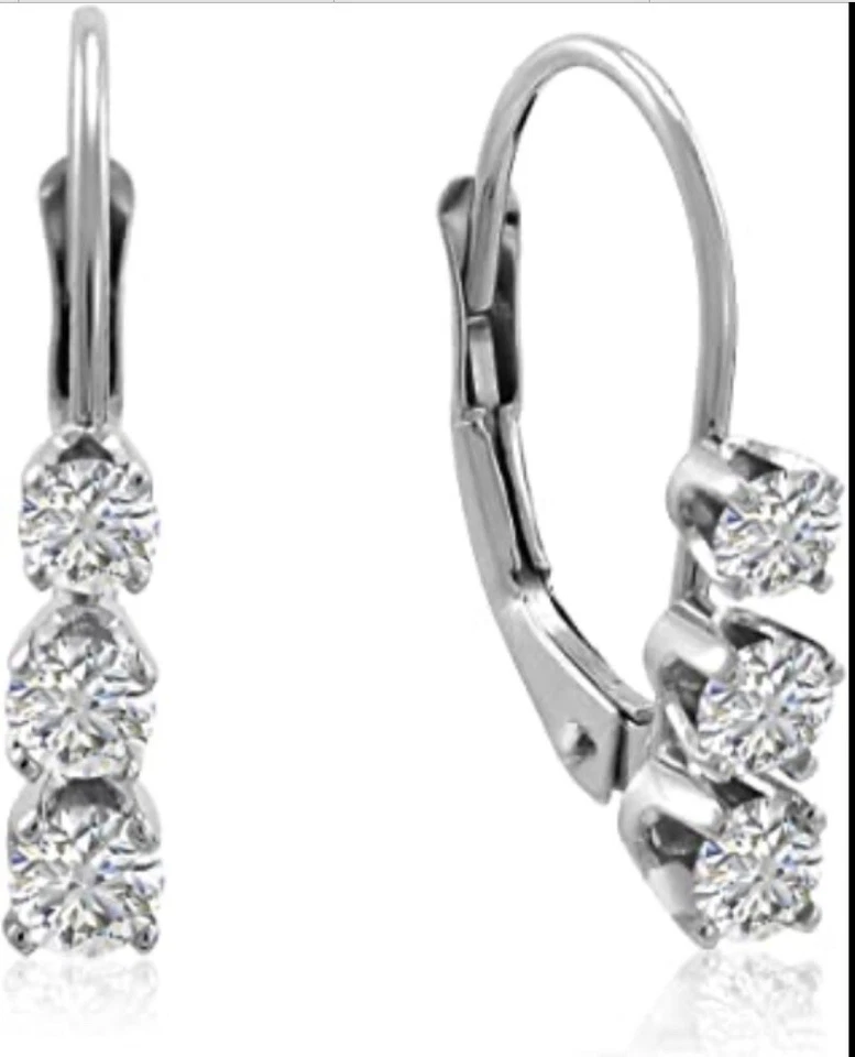 3 Stone 1/2CT Diamond Earrings 14K White Gold Leaver Back Style - Image 2 of 4
