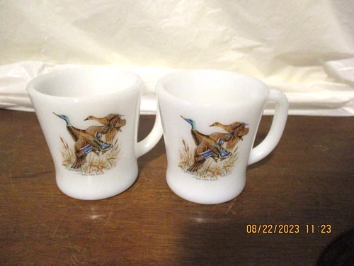 Vintage Lot of 2 Fire King Mallard Duck Design Coffee Cups Mugs Cabin Decor