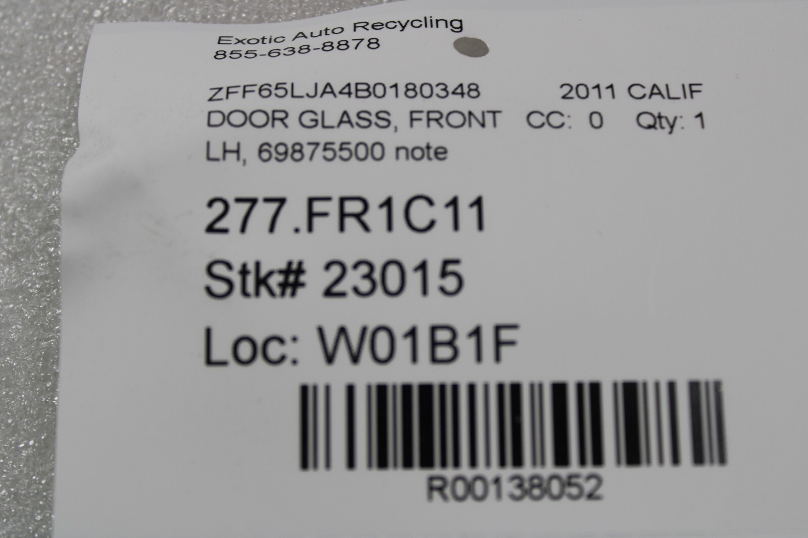 Ferrari California, LH, Left, Front Door Glass, Scratches, Used, P/N 69875500