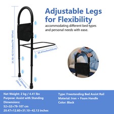 Bedside Safety Rail for Seniors, Height Adjustable with Storage Bag, 220 lbs