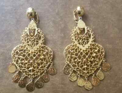 VINTAGE JOSE MARIA BARRERA TEARDROP HEART HAMMERED GOLD DROP CHANDELIER EARRINGS