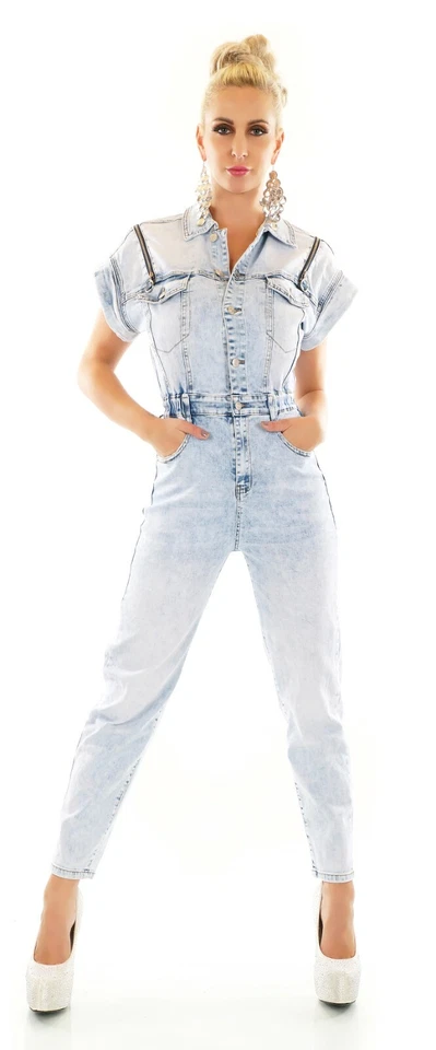 Damen Jeans Overall Hose 7/8 Länge Jumpsuit Stretch Denim locker bequem XS-XL - Bild 2 von 4
