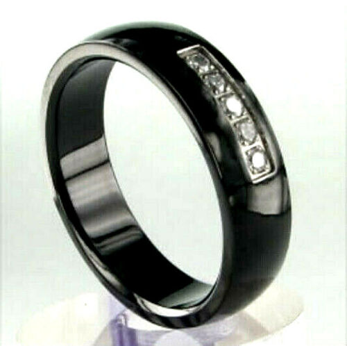 ANILLO DE MODA DE TITANIO NEGRO con 5 piedras redondas de circonio circular, talla 9 - NUEVO - ¡En caja de regalo! - Imagen 1 de 5