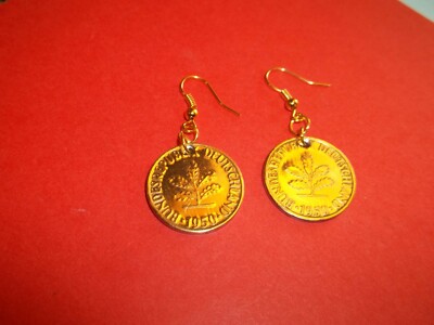 TEN (10) PFENNIG COIN DROP GOLD EARRINGS - GERMANY - DEUTSCHLAND - 1949 to 1995