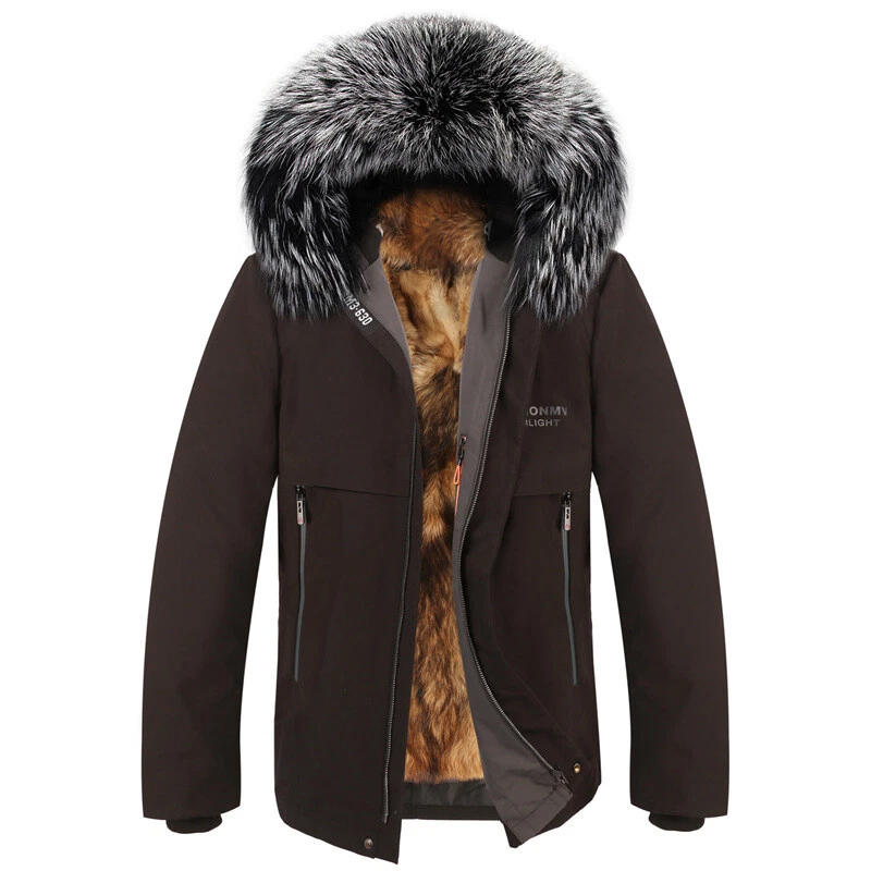 Winter Real Fox Fur Collar Hooded Rabbit Fur Lined Coat Parka Overcoats Zip Warm - Image 2 of 4