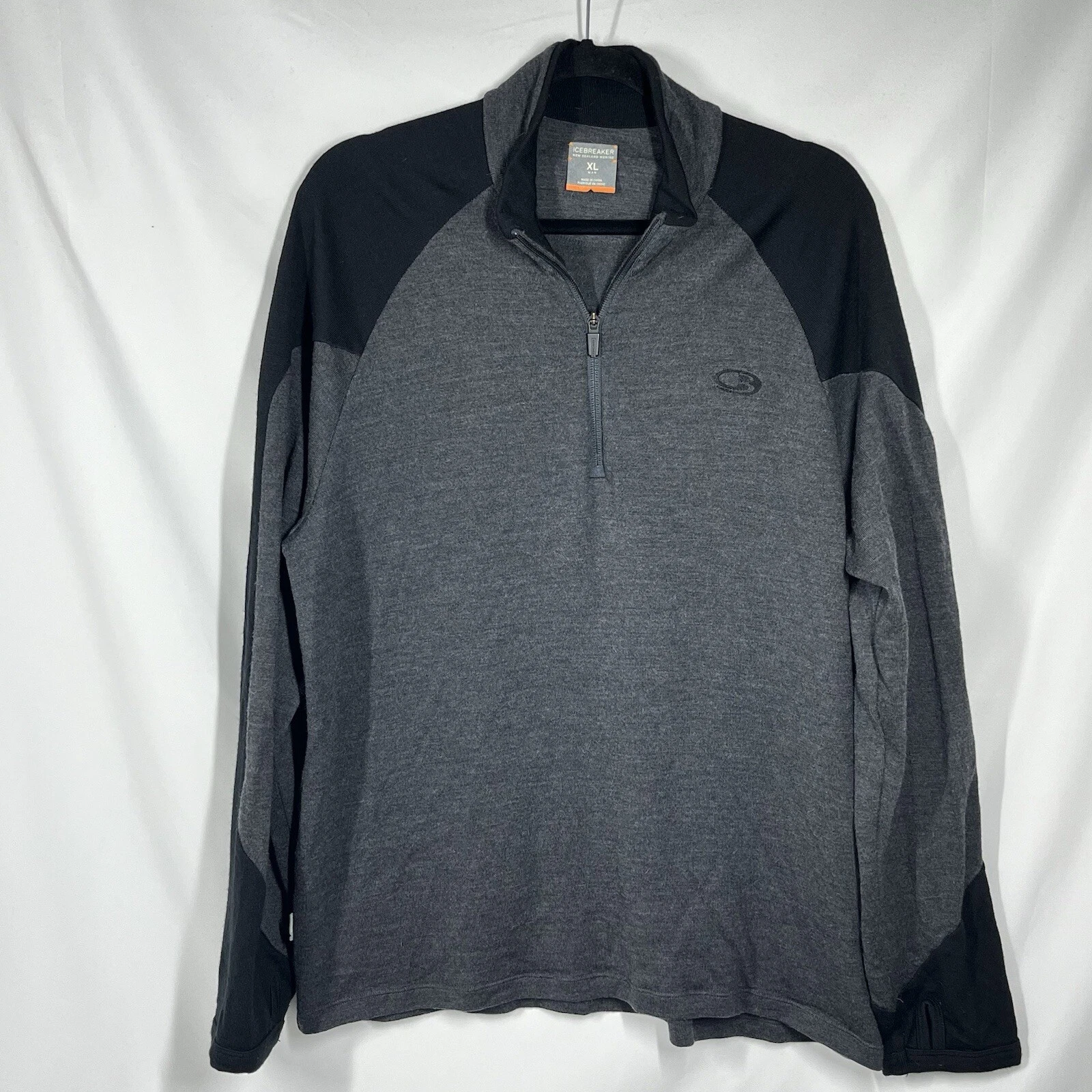 Icebreaker 100% Merino Wool LS Sweater Mens XL Gray 1/4 Zip Base Layer Thumbhole