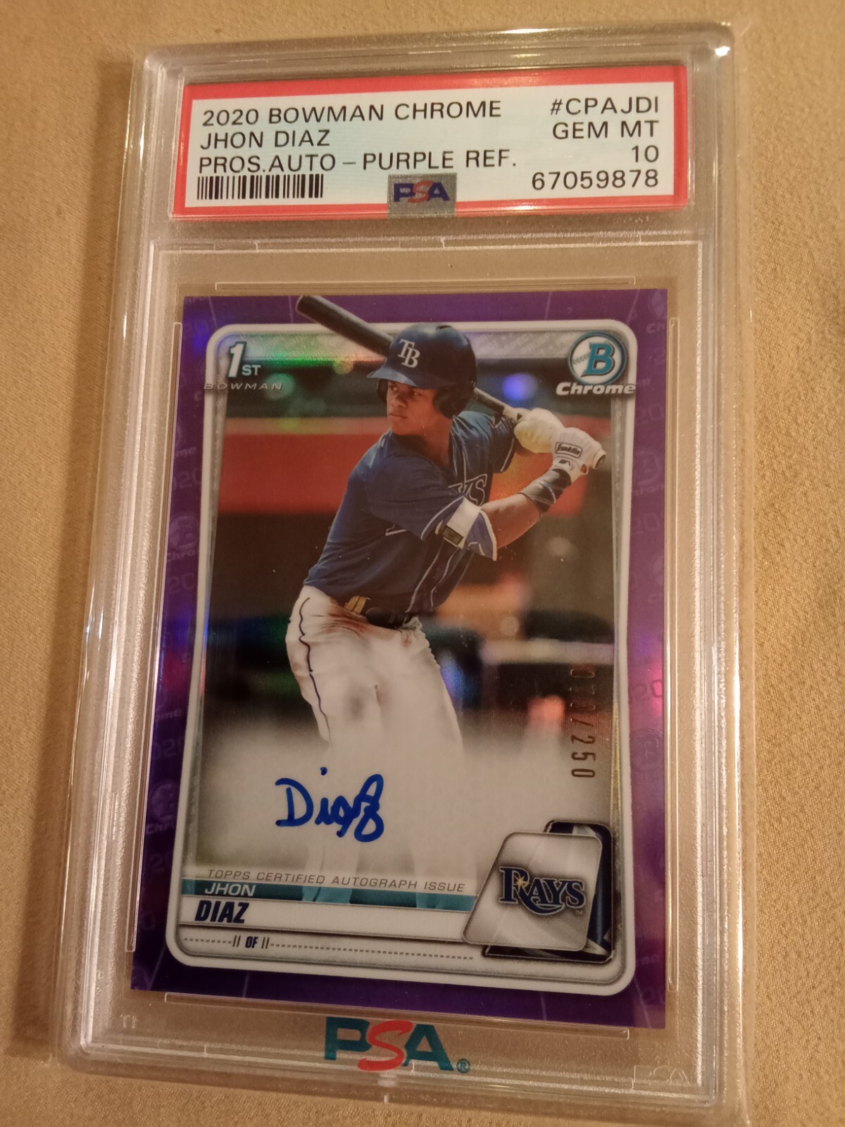 2020 Bowman Chrome Jhon Diaz 1st Bowman Purple Refractor Auto /250 Psa 10 Gem Mt