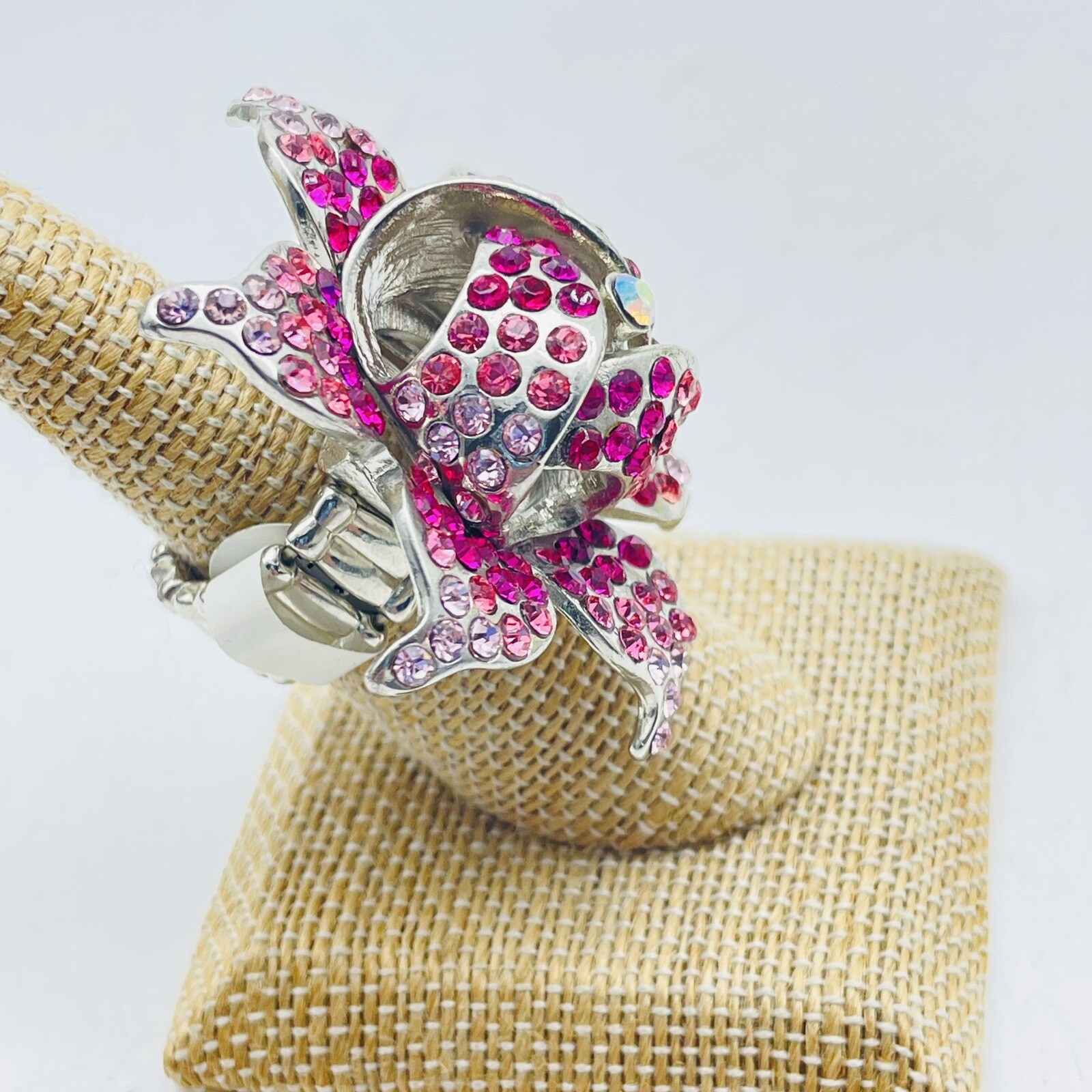 Pink Rhinestone Flower Statement Ring Silver Tone… - image 9