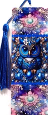 BLUE JEWELED OWL/ FLOWERS/BIRD/GEMS UNIQUE EXQUISITE LAMINATED BOOKMARK