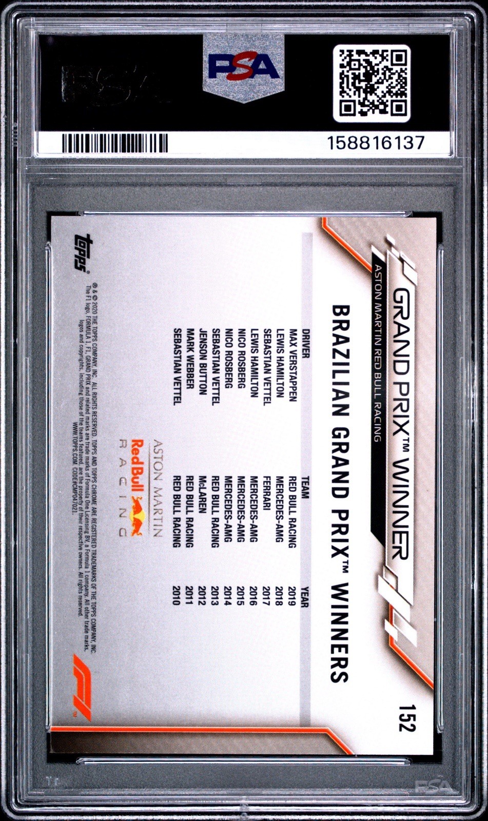 Max Verstappen 2020 Topps Chrome F1 Sapphire Edition #152 PSA 10 GEM MT RC view 2