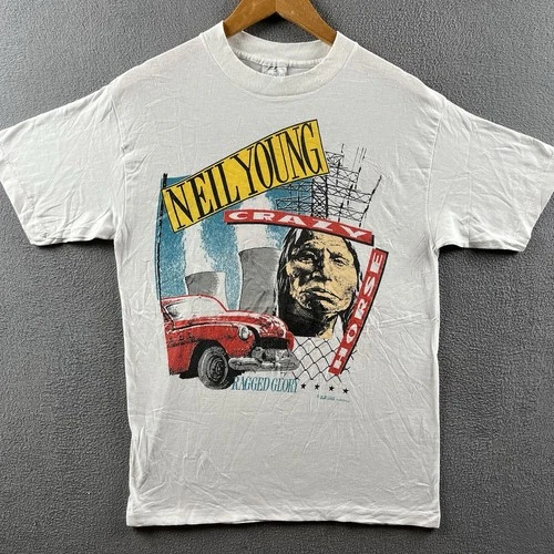 Neil Young Crazy Horse Shirt Mens Large White Brocku 1990s vintage concert t-shirt, vintage, size L, single stitch, B+ condition