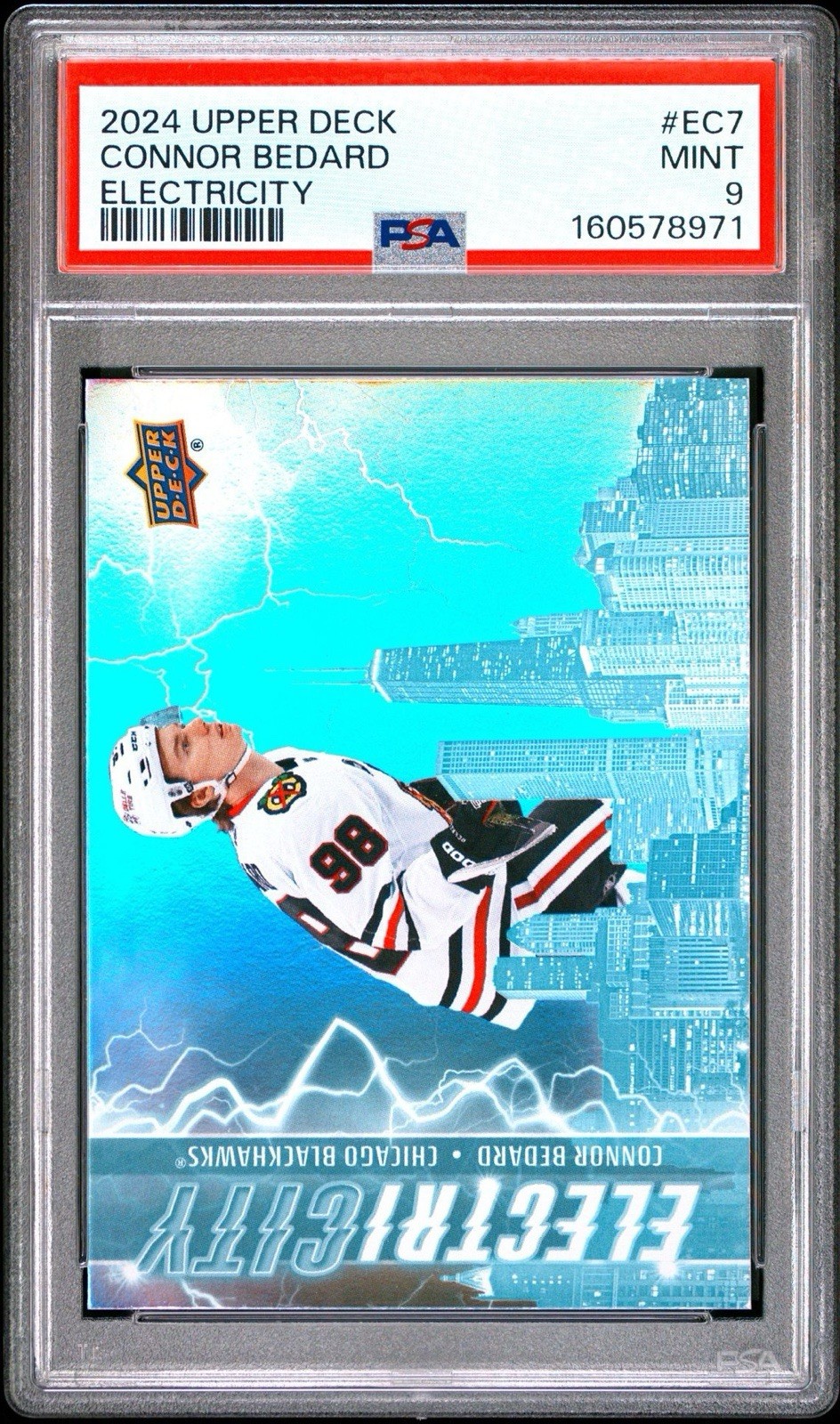 Connor Bedard PSA 9 ElectriCity Insert 2024 Upper Deck Chicago Blackhawks view 2