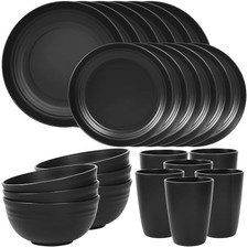 24 Piece Plates and Bowls Sets for 6, Unbreakable Service For 6 Black