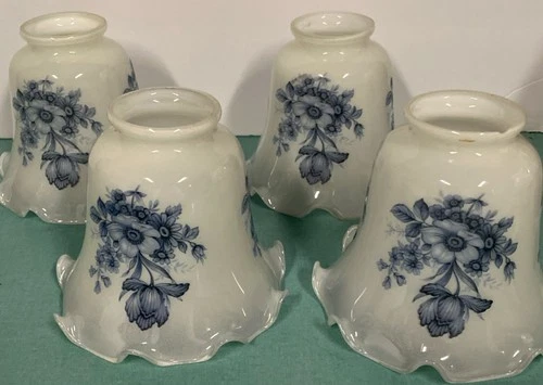 Set 4 Vintage Blue Ruffled Floral White Milk Glass Lamp Shades Flowers Cottage
