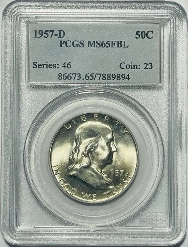 1957-D US Franklin Half Dollar 50c PCGS MS65FBL GEM UNC Series: 46 Coin: 23