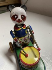 Vintage Clockwork Drumming Animal Panda Tin Wheel Driven Toy No Key Untested