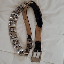 Escada 1990s Silver Metal Black Leather Art Deco Belt Vintage