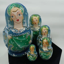 Russian Matryoshka Nesting Dolls 5 Piece Set Blue Green Sergiev Posad Folk Art