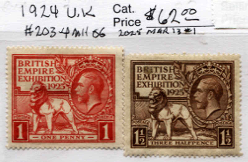🦋Great Britain Sc #203-204 MH,OG,F/VF. 1925 Empire Exhibition, Sc$62.00