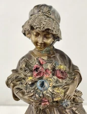 Francis Belic Signed Bronze Young Girl with Cold Painted Bouquet of Flowers 1900