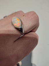 Adjustable Mens Silver Ethiopian Opal Ring Beautiful Colours Size U Adjustable