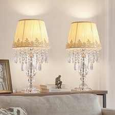 Crystal Table Lamp Set of 2, Bedside Lamps with Beige Chiffon Fabric Lampshade,