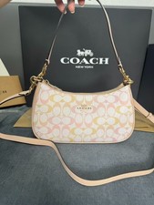 New Coach Teri Shoulder Bag In Pretty Signature Canvas Gold/Chalk/Pink Fast Ship