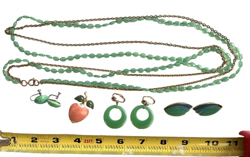 Vintage 60's Costume Jewelry Lot, Enamel, KJL Apple Pin, Faux Jade Necklace