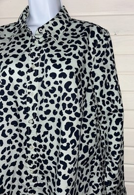 Talbots Sz LARGE Mint Green Navy Blue Cheetah L/S Cotton Button Shirt EUC