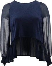 DG2 Diane Gilman Blouson Slv Peplum Top NAVY L NEW (634)