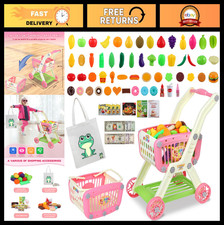 2-in-1 Kids Shopping Cart Toy Set with 72pcs Pretend Play Food  Accessories - B