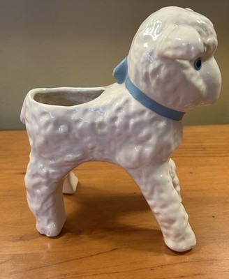 Vintage Hull Pottery Ceramic White Lamb Planter 8 H Blue Bow Nursery Easter