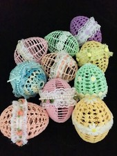 VINTAGE CROCHETED EASTER EGGS BASKET FILLER STARCHED pastel colors Set 10