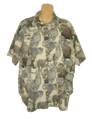 Vtg 80s Retro Big Cat Wildlife Shirt Gray Tan Safari Print Oversized Blouse 2XL