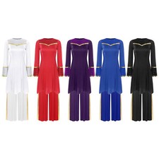 Womens 2pcs Long Sleeve Dress Celebration Dance Outfit Round Neck Dancewear