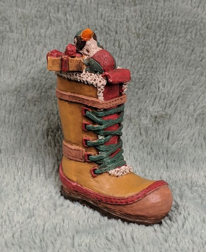 Christmas Holiday Ornament Winter Boot Unmarked Festive Workboot w/ Bird & Gift - Picture 2 of 12