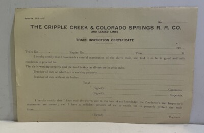 191 ? Cripple Creek & Colorado Springs R. R. Zug Inspektionszertifikat