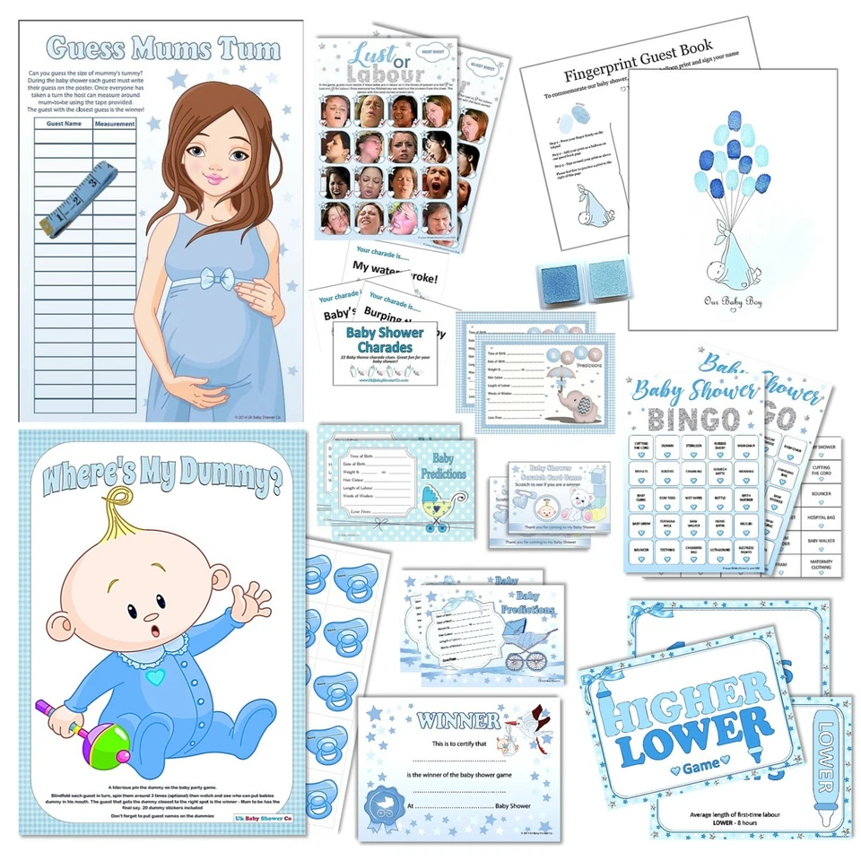 Fun Baby Shower Games Selection - Boy , Blue - All in one Listing! 20 Players