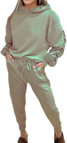 Womens Ruched Sleeve Hoodie Top Suit Set Ladies Drawstring Bottom Lounge Tracksu - Picture 5 of 31