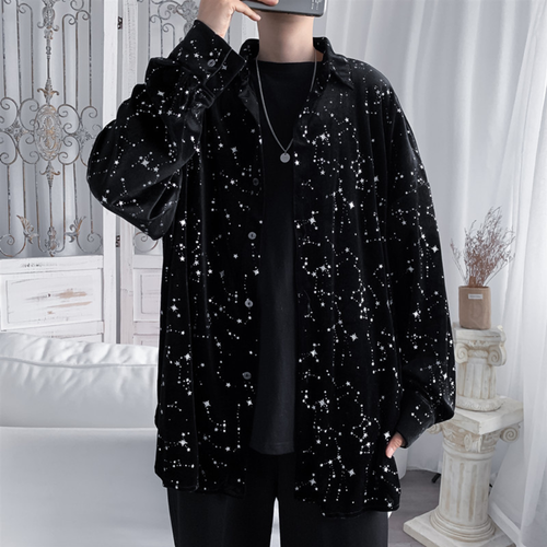 Men Velvet Shirts Blouse Tops Retro Casual Star Gothic Punk Black Party Stage - Picture 7 of 8