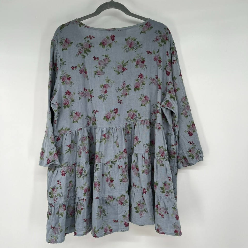 Paper Lace Tunic Top Womens 1X Blue Floral Floral Tiered Button Front
