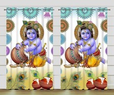 New 2 Pieces Hindu God Ladu Gopal Krishna Digital Print Door Curtains Set - 7 ft