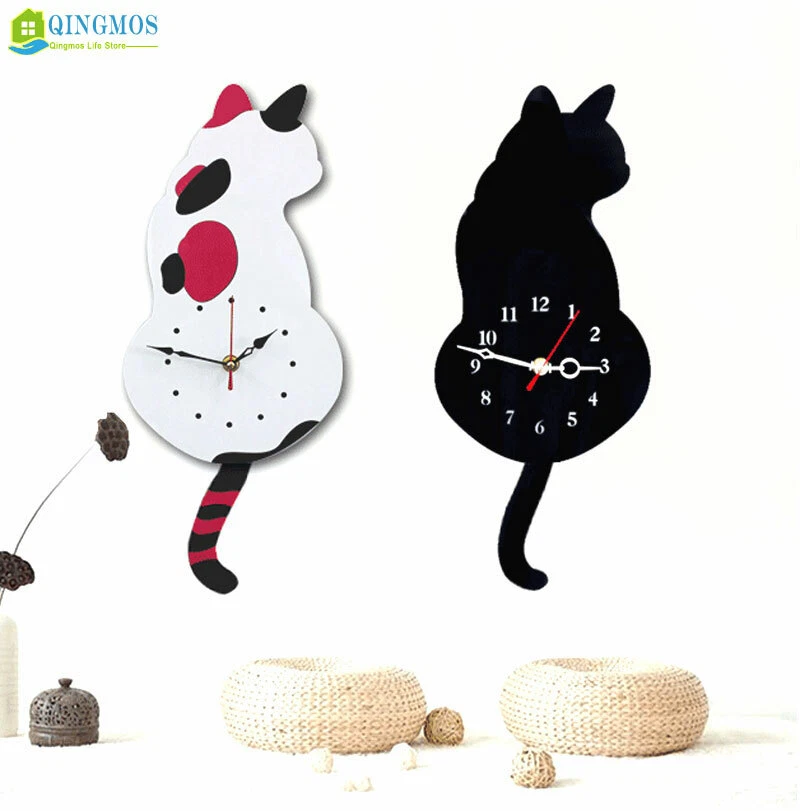 3D Swing Tail Cartoon Cat Wall Clock Acrylic Stickers Watch Decor Living Room - Image 2 of 4