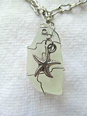 Frosted Cleer Glass Pendant Necklace w Star Fish  Silver Tone Wire Wrapped