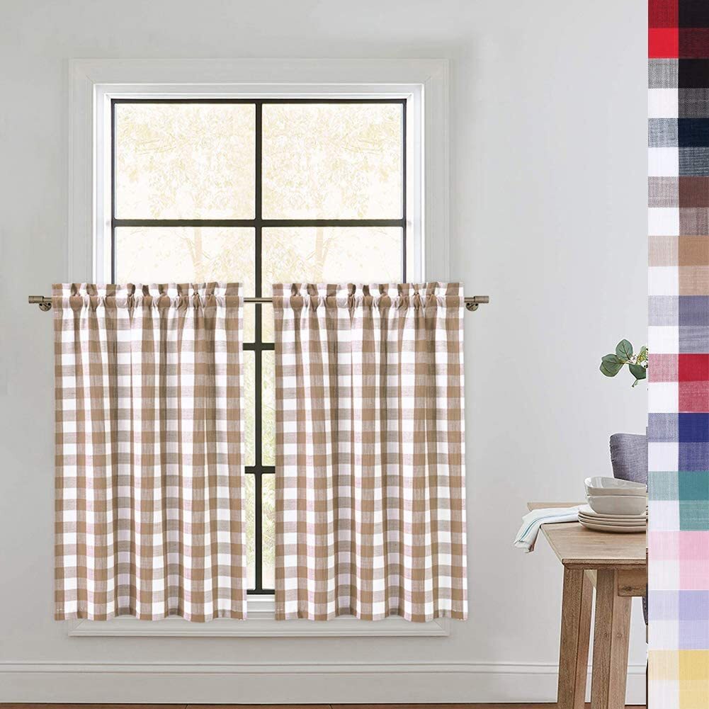 2X Plaid Kitchen Curtains for Small Window Roomdarkening Cafe Bathroom